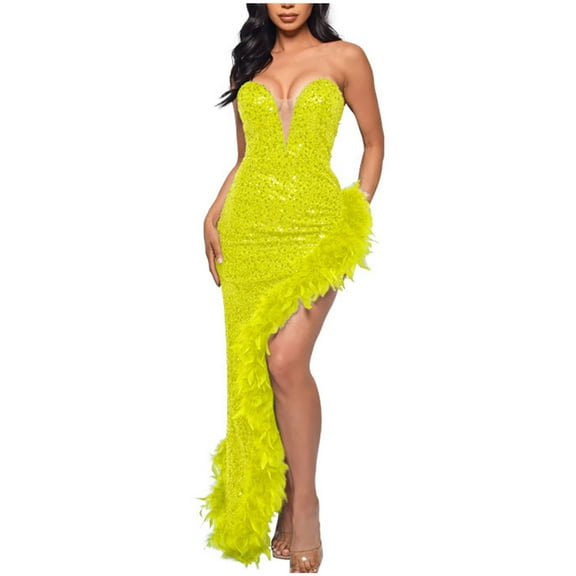 Alkepwun Sequin Dress for Women Sexy Sparkly Strapless Sleeveless Formal Birthday Party Gowns with Feather and High Slit Maxi Evening Dress
