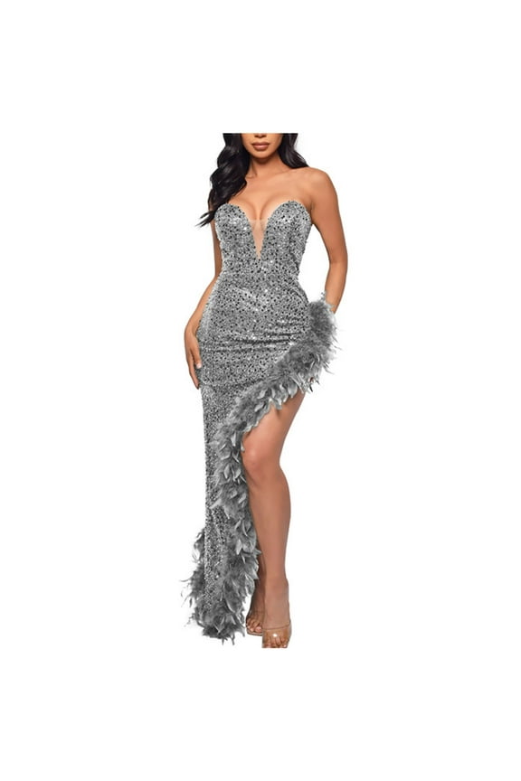 Sequin Dress for Women Sexy Sparkly Strapless Sleeveless Formal Birthday Party Gowns with Feather and High Slit Maxi Evening Dress
