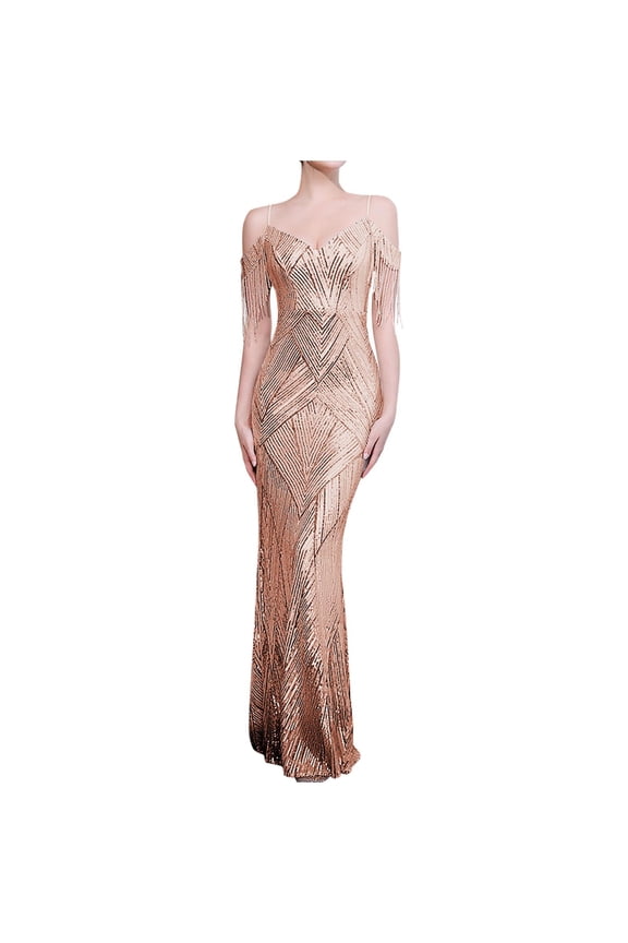 Sequin Dress for Women V Neck Spaghetti Straps Cold Shoulder Tassel Sexy Maxi Gown Bodycon Mermaid Formal Evening Party Dress
