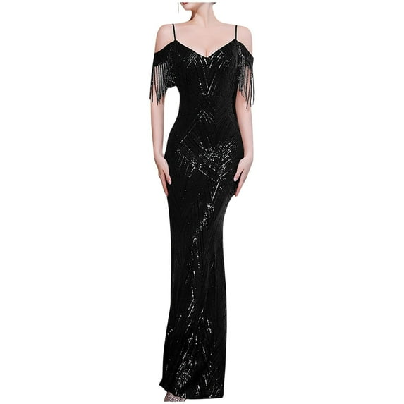 Alkepwun Sequin Dress for Women V Neck Spaghetti Straps Cold Shoulder Tassel Sexy Maxi Gown Bodycon Mermaid Formal Evening Party Dress