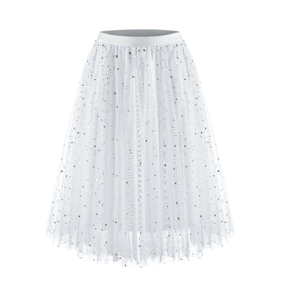 Alkepwun Sequin Skirt Women Sparkly Star Aline Elastic High Waisted Tulle Tutu Skirts Layered Cake Irregular Thin Breathable Mesh Half Skirt for Wedding Party