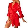 thumbnail image 1 of Alkepwun Sexy Sleepwear for Women V-neck 3/4 Sleeve Ruffle Short Satin Sleepwear Belted Silk Kimono Night Robe Lightweight Brides Bathrobes Wedding Party Pajamas, 1 of 3
