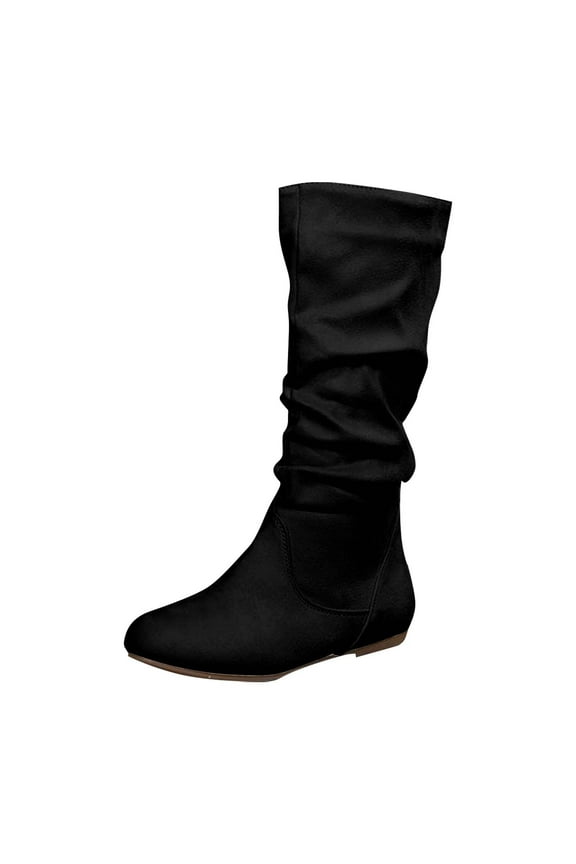 Shoes for Women Dressy Casual Solid-Color Suede Side-Zip Slouchy Flat Sole Mid-Calf Boots Versatile Round Toe Slip On Knee High Warm Shoe Comfortable Non-Slip Fall Outdoor Footwear