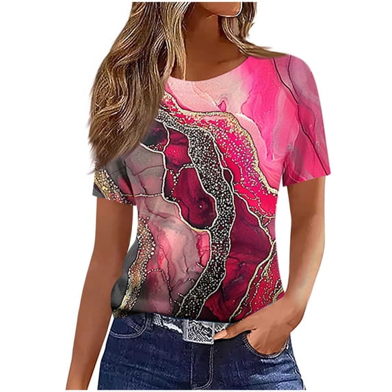 Alkepwun Short Sleeve Shirts for Women Casual Loose Non Positioning Printed Round Neck T-Shirt Comfort Breathable Lightweight Straight Shoulder Top