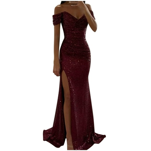 Alkepwun Off the Shoulder Dresses for Women Sparkly Sequin Mermaid Evening Dresses Formal Gown with Slit Long Ball Gown Ruched Sparkly Formal Evening Gown