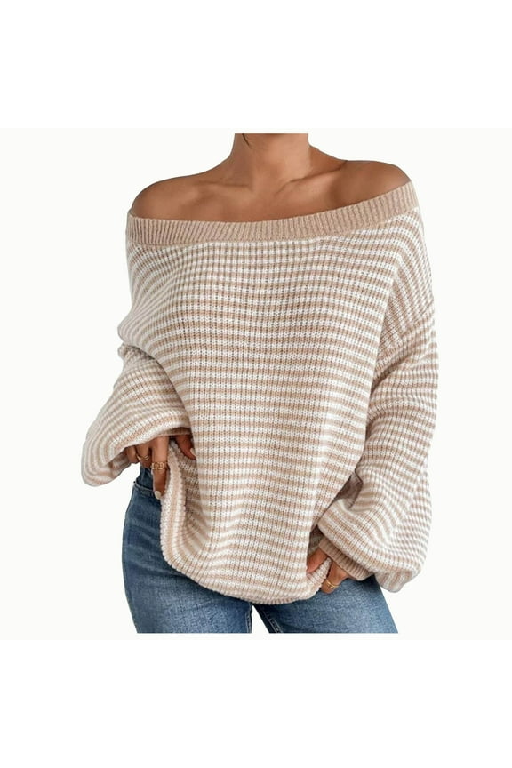 Off Shoulder Sweater Round Neck Lantern Sleeve Striped Drop-Shoulder Oversized Wool Sweaters Soft Comfortable Windproof Warm Top Casual Plus Size Round Neck Everyday Tops