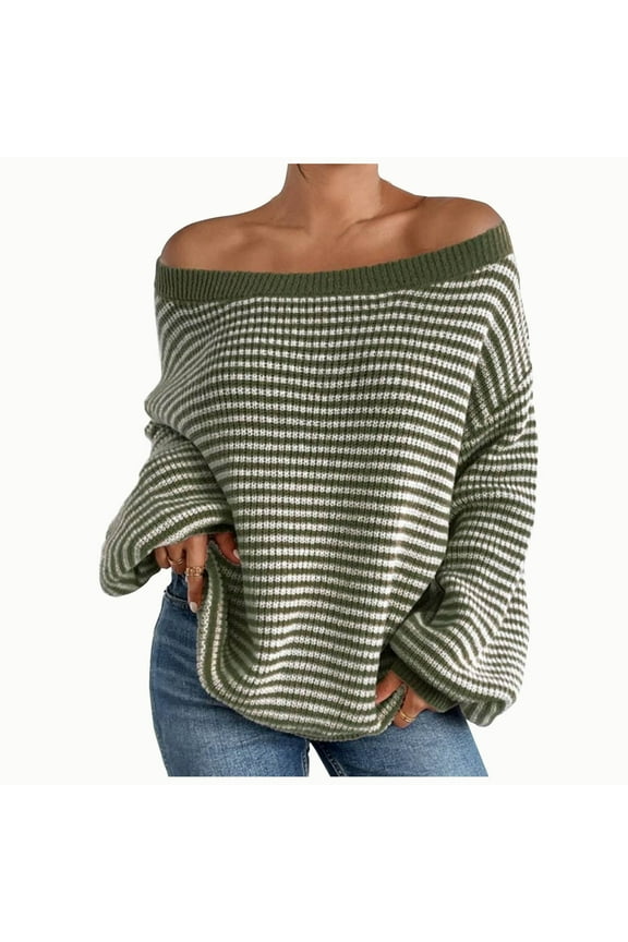 Off Shoulder Sweater Round Neck Lantern Sleeve Striped Drop-Shoulder Oversized Wool Sweaters Soft Comfortable Windproof Warm Top Casual Plus Size Round Neck Everyday Tops