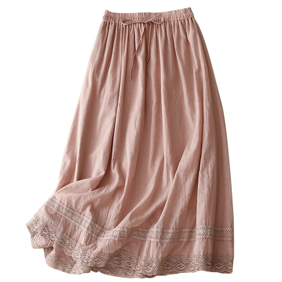 Alkepwun Skirts for Women Loose Retro Elastic Waist Boho Lace-Trimmed Hem Cotton Linen Flowy Midi Skirts Lightweight Breathable Solid Casual A Line Skirt