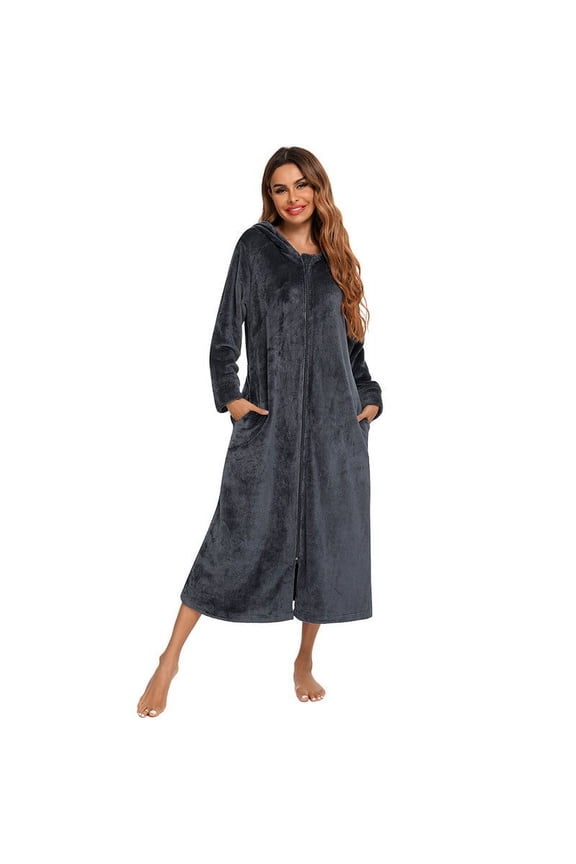 Sleepwear for Women Knit Ribbed Zipper Bathrobe Hooded Long Sleeve Knee-Length Nightgown Casual Straight Robe with Stretch Pockets Soft Length Loungewear