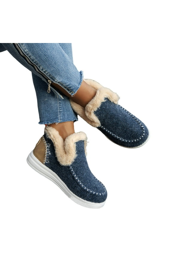 Snow Boots for Women Winter Flat Fluffy Warm Faux Fur Lining Anti-Slip Slip on Loafer Casual Outdoor Short Booties Comfortable Lightweight Unisex Couple's Plus Size Shoes