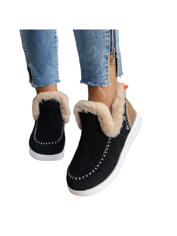 Snow Boots for Women Winter Flat Fluffy Warm Faux Fur Lining Anti-Slip Slip on Loafer Casual Outdoor Short Booties Comfortable Lightweight Unisex Couple's Plus Size Shoes