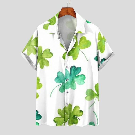 Alkepwun St Patricks Day Shirt Men Clover Printed Irish Holiday Tees Short Sleeve Tops Regular Fit Summer Beach Casual Lapel Button Down Hawaiian Shirts on Clearance