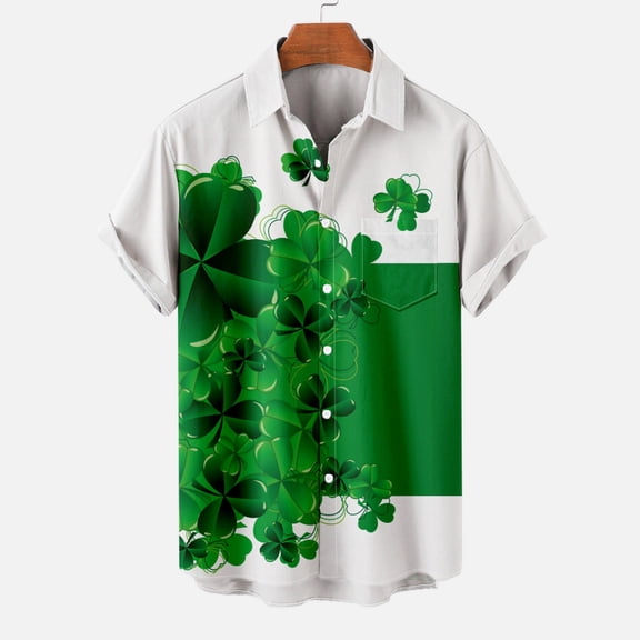 Alkepwun St Patricks Day Shirt Men Plus Size Irish Clover Printed Hawaiian Shirts for Men Casual Button Down Short Sleeve Shirt on Clearance