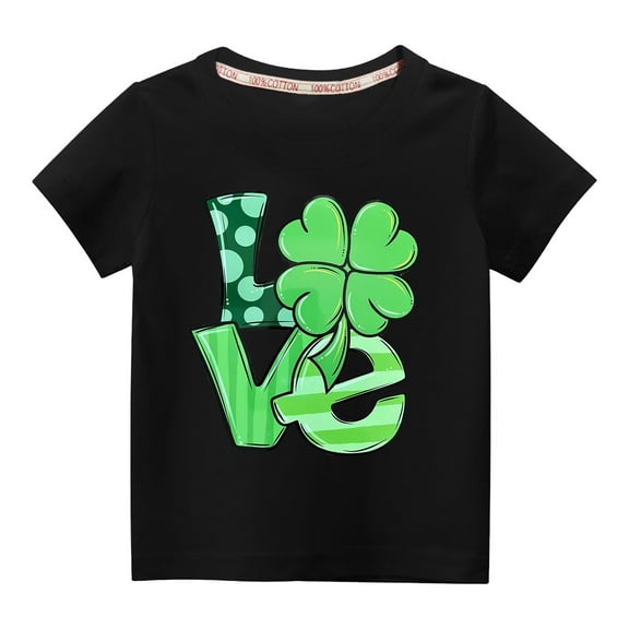 Alkepwun St Patricks Day Unisex Kids Short Sleeve Shirt Holiday Cute Love Shamrock Graphic Tees Boys Girls Cotton Tops 4-14 Years