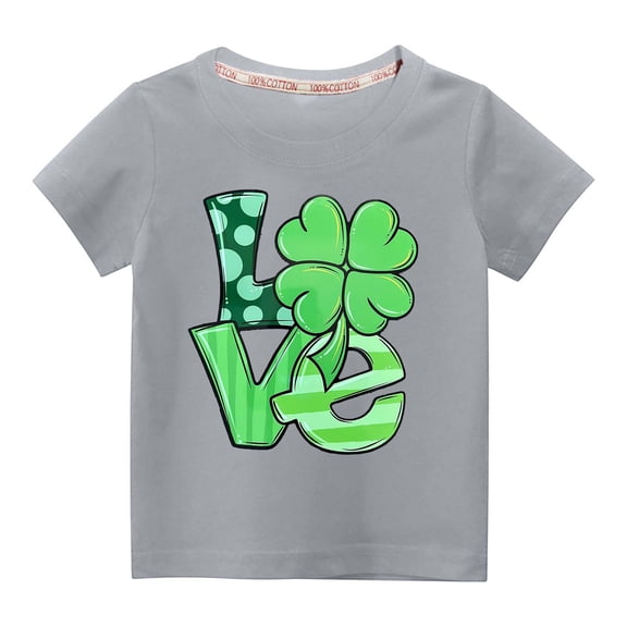 Alkepwun St Patricks Day Unisex Kids Short Sleeve Shirt Holiday Cute Love Shamrock Graphic Tees Boys Girls Cotton Tops 4-14 Years