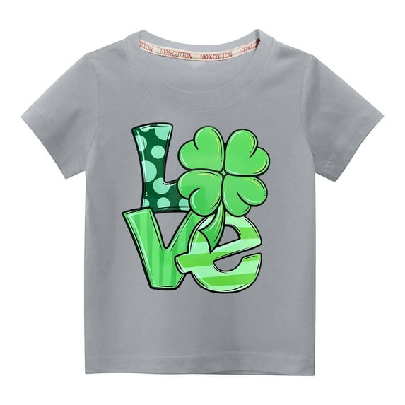 Alkepwun St Patricks Day Unisex Kids Short Sleeve Shirt Holiday Cute Love Shamrock Graphic Tees Boys Girls Cotton Tops 4-14 Years