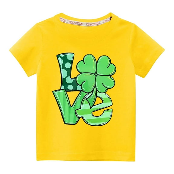 Alkepwun St Patricks Day Unisex Kids Short Sleeve Shirt Holiday Cute Love Shamrock Graphic Tees Boys Girls Cotton Tops 4-14 Years