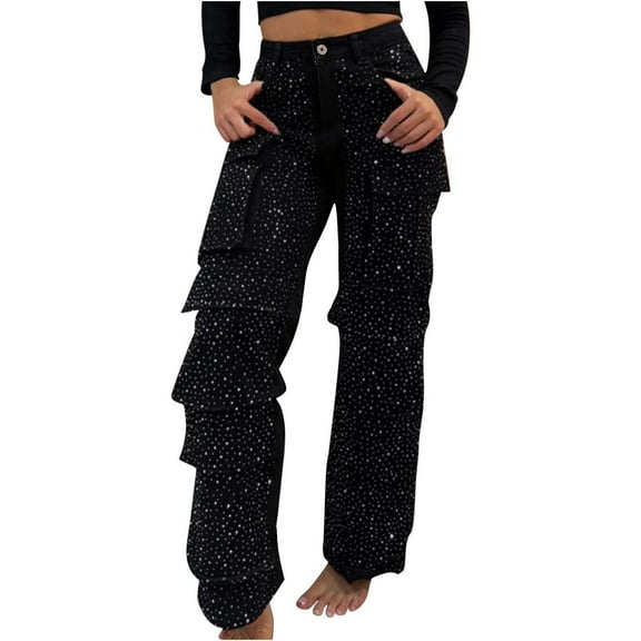 Alkepwun Straight Leg Jeans for Women Casual Rhinestone Multi-Pocket Relaxed Cargo Jeans Comfortable High-Waisted Y2K Street Style Wide Leg Pants
