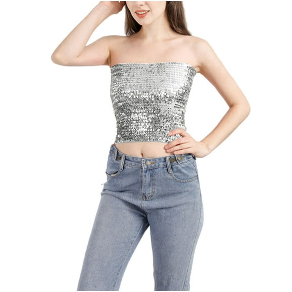 Alkepwun Strapless Bras for Women and Girls Solid Color Elastic Crop Top Glitter Sequin Party Clubwear Tube Top