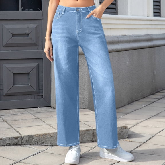 Alkepwun Stretchy Jeans for Women Casual Relaxed Distressed Topstitching Design Straight-Leg Pants with Pockets Cozy High-Waisted Versatile Jean