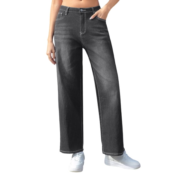 Alkepwun Stretchy Jeans for Women Casual Relaxed Distressed Topstitching Design Straight-Leg Pants with Pockets Cozy High-Waisted Versatile Jean