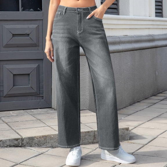 Alkepwun Stretchy Jeans for Women Casual Relaxed Distressed Topstitching Design Straight-Leg Pants with Pockets Cozy High-Waisted Versatile Jean