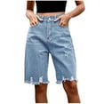 thumbnail image 1 of Alkepwun Stretchy Jeans for Women Summer Frayed Ripped Distressed Bermuda Denim Shorts Hem High-Rise Stretch Casual Y2k Straight Leg Jean Shorts, 1 of 7