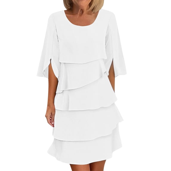 Alkepwun Summer Dresses Women Solid Color Ruffled 3/4 Sleeve Tiered Cake Hem Dress Lightweight Breathable Casual Loose Round Neck Flowy Sundress