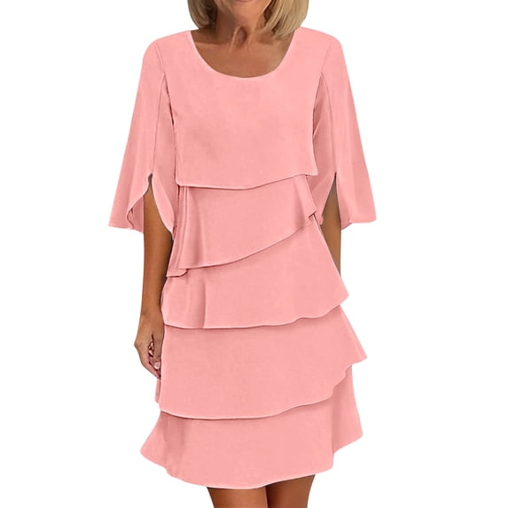 Alkepwun Summer Dresses Women Solid Color Ruffled 3/4 Sleeve Tiered Cake Hem Dress Lightweight Breathable Casual Loose Round Neck Flowy Sundress