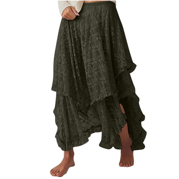 Alkepwun Summer Skirts Womens Lace Elastic Asymmetrical Layered Hem Long Skirts High Waist See-Through Y2K Flowy Vintage Fairy Curtain Skirt