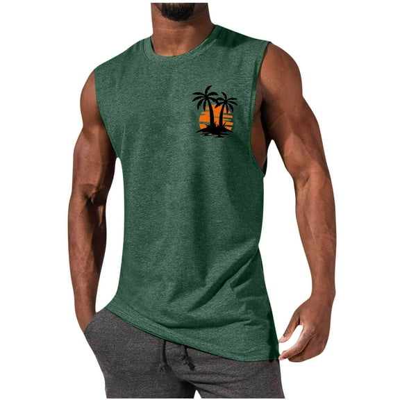 Alkepwun Summer Tank Tops for Men - Palm Tree Print Crewneck Tops - Casual Sleeveless Tees - Graphic Beach Muscle Shirts