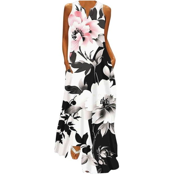 Alkepwun Sun Dresses Women Casual Loose Plus Size V-Neck Sleeveless Pocket Tank Dress Comfort Breathable Floral Print Bohemian Style Long Dress