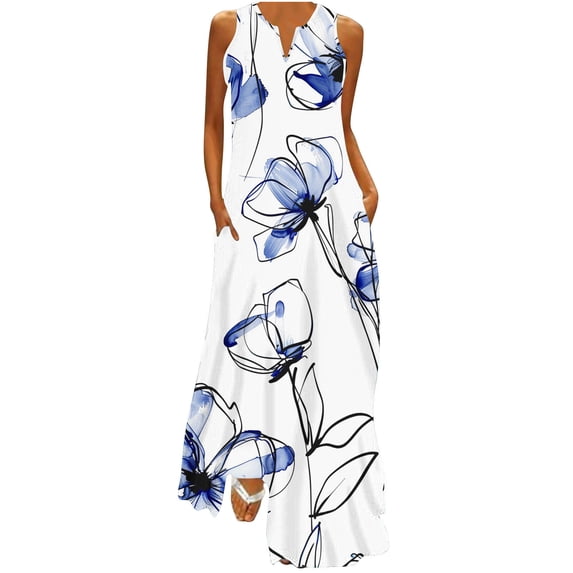 Alkepwun Sun Dresses Women Casual Loose Plus Size V-Neck Sleeveless Pocket Tank Dress Comfort Breathable Floral Print Bohemian Style Long Dress
