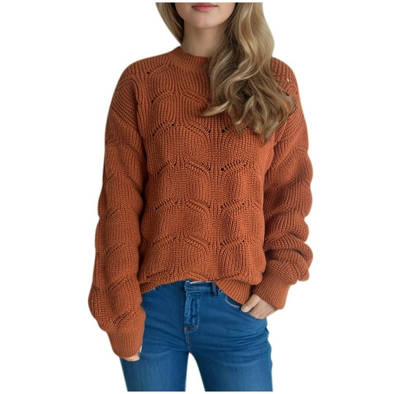Alkepwun Sweaters for Women Crewneck Cute Hollowed Out Long Sleeved Loose Fall Winter Knitted Pullover Tops