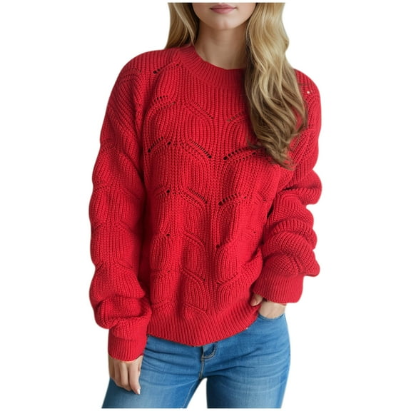 Alkepwun Sweaters for Women Crewneck Cute Hollowed Out Long Sleeved Loose Fall Winter Knitted Pullover Tops
