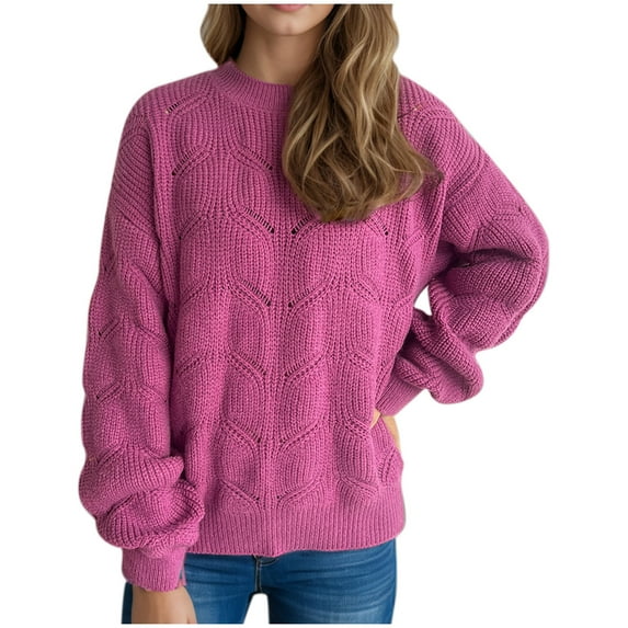 Alkepwun Sweaters for Women Crewneck Cute Hollowed Out Long Sleeved Loose Fall Winter Knitted Pullover Tops