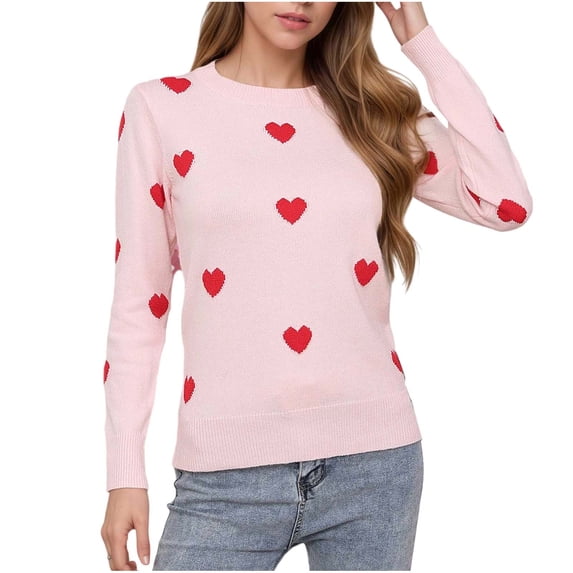 Alkepwun Sweaters for Women Heart Print Pullover Long Sleeve Crewneck Knitted Jumper Tops Lightweight Vintage Casual Loose Fair Isle Warm Top