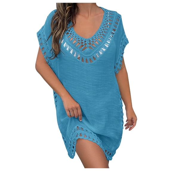 Alkepwun Swim Cover Up for Women Boho Loose V-Neck Crochet Trim Beach Tunic Lightweight Breathable Vacation Mini Swimwear