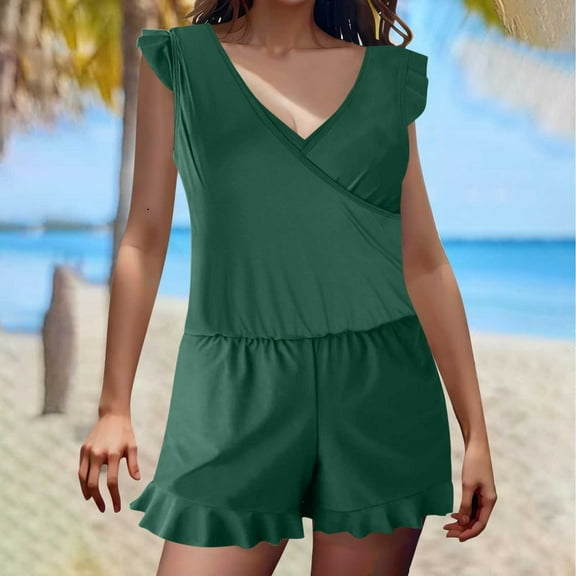 Alkepwun Swim Romper Women's One Piece Swimsuits Ruffle Wrap V Neck Swimwear Modest Cute Bathing Suits Beachwear