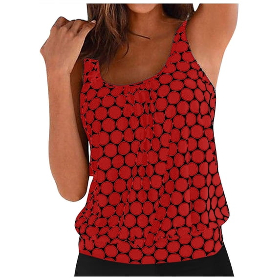 Alkepwun Swim Tops Women Round Neck Polka Dots Padded Cups Wire-Free Tank Top Relaxed Comfortable Adjustable Straps Dry Fit Swimwear