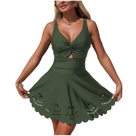 Alkepwun Swimdress for Women One Piece Swimsuit Deep V-Neck Sexy Cutout Ruffled Hem Swimsuit Tummy Control Ruched Plus Size Wrap Swimwear for Vacation