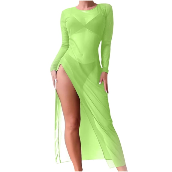Alkepwun Swimsuit Cover ups for Women Sheer Mesh Crew Neck Length Bathing Suit Cover Up Long Sleeve Side Slit Summer Beach Dress Lightweight Breathable Bikini Swimwear