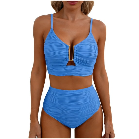 Alkepwun Swimsuits for Women Solid Color Sexy Two-Piece Beach Swimwear U-Wire Cutout Textured Adjustable Thin Straps Bikini and High Waisted Full Coverage Triangle Bottom