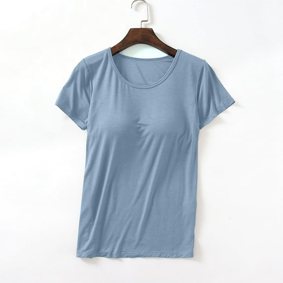 Alkepwun T Shirts for Women with Built in Bra Wirefree Yoga Pajama Top Short Sleeve Tshirts Basic Undershirt Crew Neck Summer Casual Tops