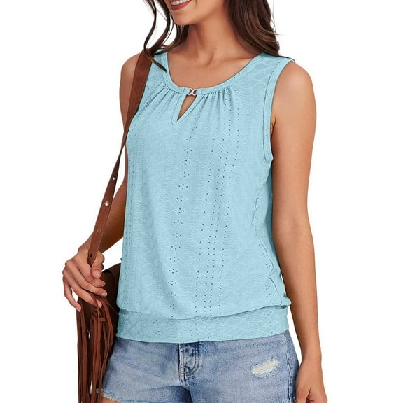 Alkepwun Tank Top for Women Eyelet Keyhole V Neck Sleeveless Shirt Summer Casual Business Work Shirt Blouse Cute Tops Banded Bottom