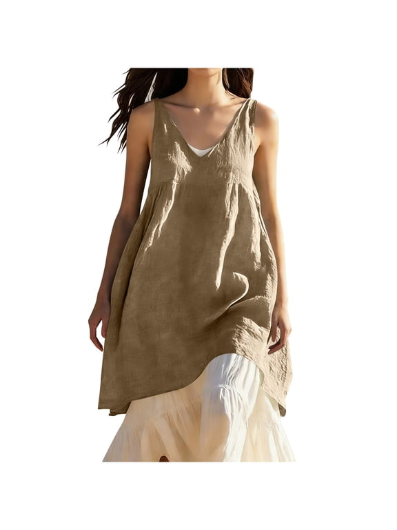 Tank Tops Women's Solid Color V Neck Sleeveless Cotton Linen Mini Dress Casual Loose Lightweight Breathable Flowing Summer Beach Vests