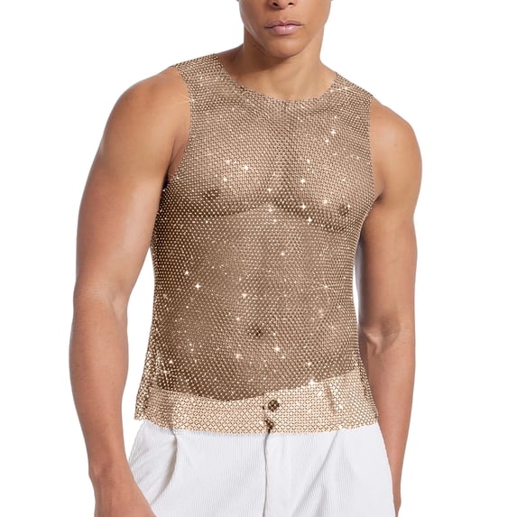 Alkepwun Tank Tops for Men Sparkly Sheer Sexy Mesh Rhinestone Muscle Shirts Summer Sleeveless Round-Neck Party Nightclub Top