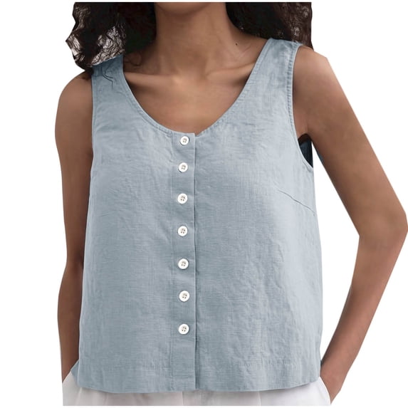 Alkepwun Tank Tops for Women Crewneck Casual Summer Button Down Sleeveless Blouse Tank Loose Solid Basic Lightweight Breathable Top