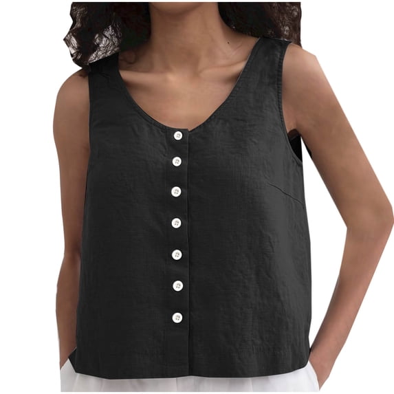 Alkepwun Tank Tops for Women Crewneck Casual Summer Button Down Sleeveless Blouse Tank Loose Solid Basic Lightweight Breathable Top