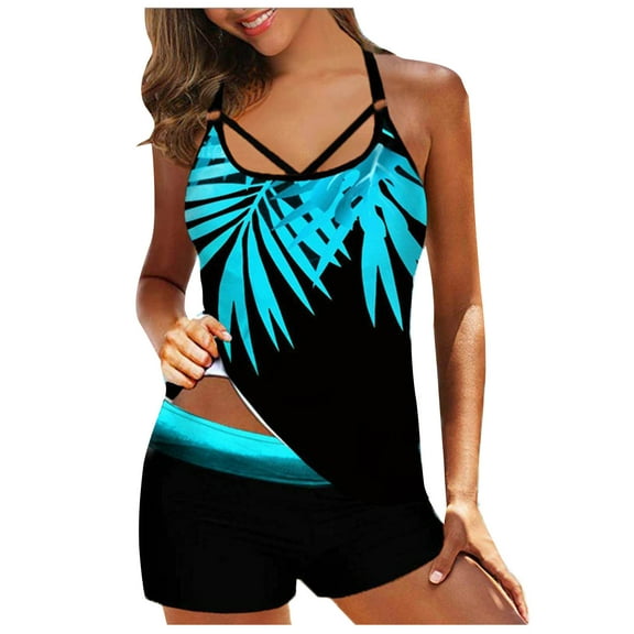 Alkepwun Tankini Swimsuits for Women Plus Size Swimwear Tummy Control Two Piece Bathing Suits Crisscross Floral Long Tank Top with Boyshorts